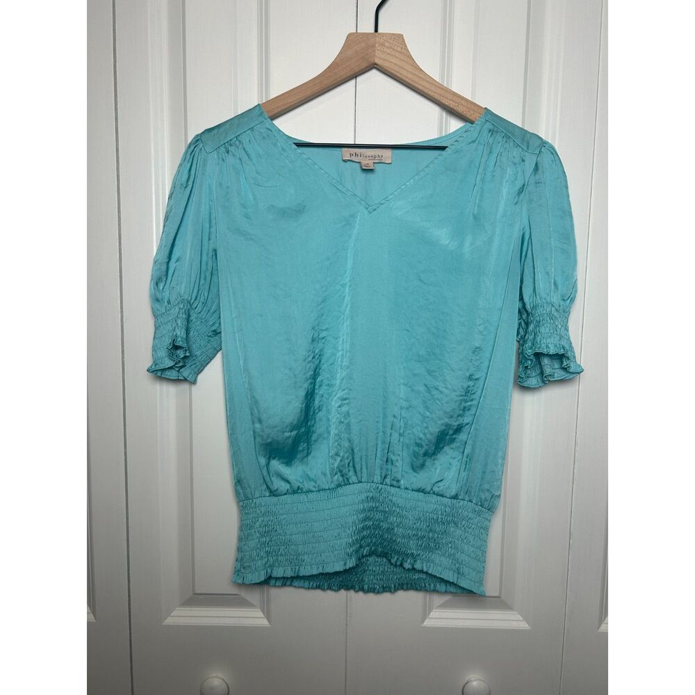 Philosophy Turquoise Satin Smocked Waist V-Neck Blouse L